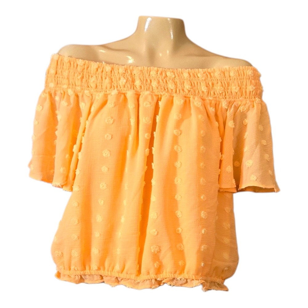 Cato Junior Blouse Peach Orange‎ Large Off Shoulder Smocked Chenille Dot Cropped